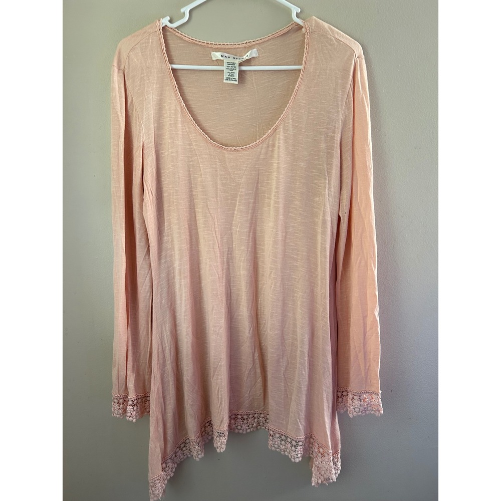 Max Studio Womens Long Sleeve Pink Lace Trim Tunic Top Large Cottage Core Fairy